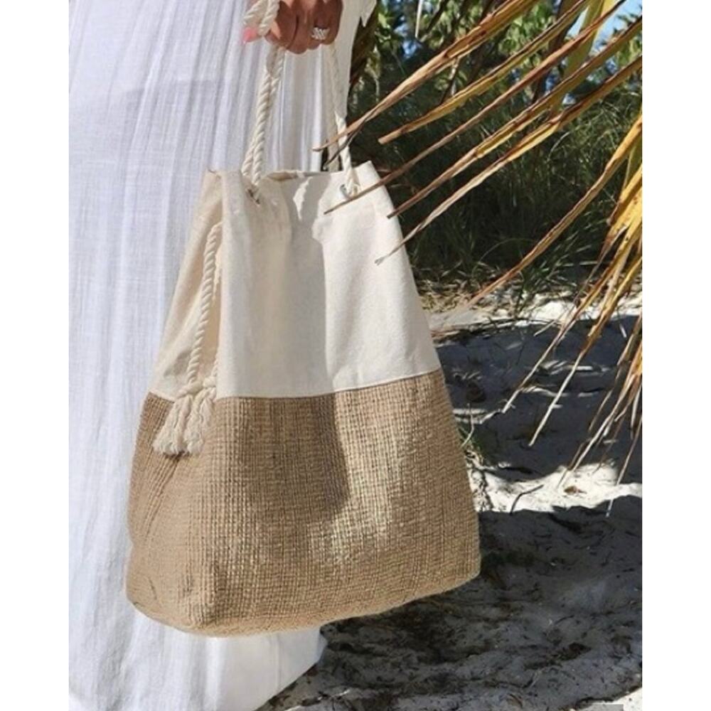 Tribeca Tribe Beach Travel Jute Canvas Tote Drawstring Neutral Adjustable Strap